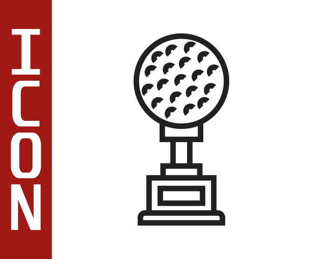 黑线奖杯与高尔夫图标孤立在白色背景。冠军奖杯的象征。冠军或比赛奖杯。体育成就的迹象。向量图片下载