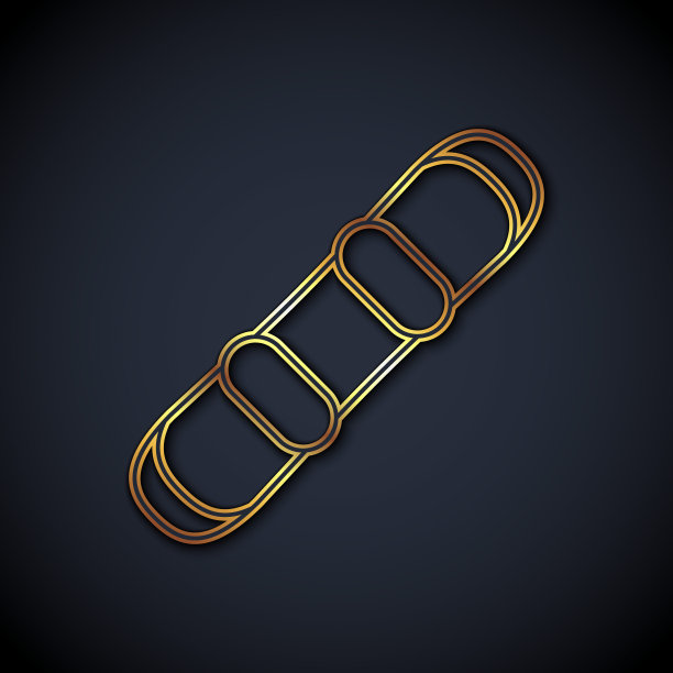 金色线滑雪板图标孤立在黑色背景。滑雪板图标。极限运动。运动设备。向量图片下载