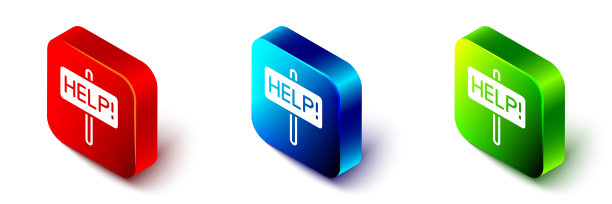 等距帮助图标孤立在白色背景。红色，蓝色和绿色的方形按钮。向量图片下载