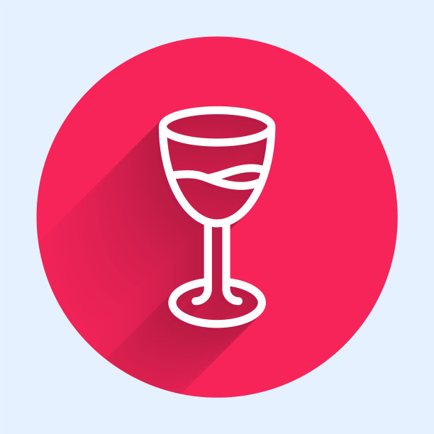 白线葡萄酒玻璃图标孤立与长阴影。葡萄酒杯的迹象。红色圆圈按钮。向量图片下载