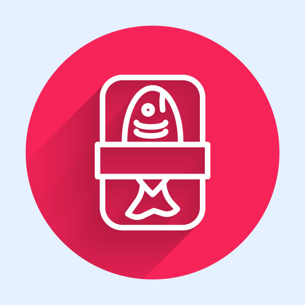 白线鱼塑料托盘容器与玻璃纸封面图标隔离与长阴影。红色圆圈按钮。向量图片下载