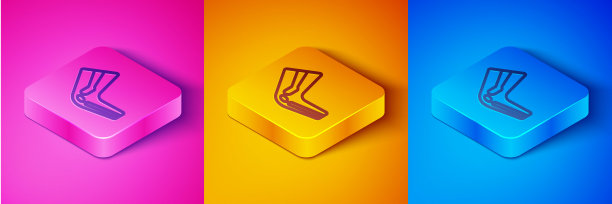 等距线骨痛图标孤立在粉红色和橙色，蓝色背景。骨科医疗。关节和骨骼疾病，关节炎。方形按钮。向量图片下载