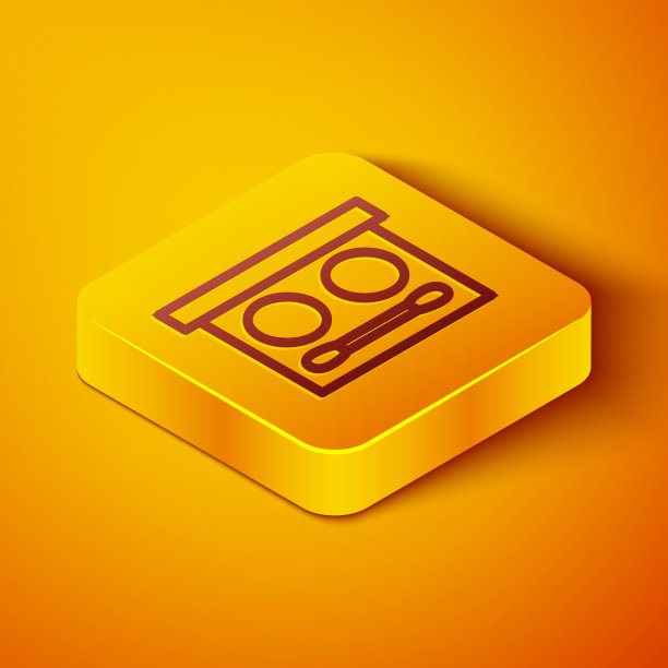 等距线眼影调色板与画笔图标孤立在橙色背景。黄色正方形按钮。向量图片下载