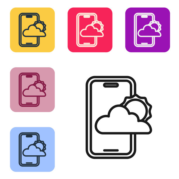 黑线天气预报图标孤立在白色背景。设置图标的颜色方形按钮。向量图片下载