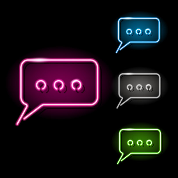 一套霓虹灯短信图标在四种不同的颜色孤立的黑色背景。聊天，网页，移动技术的概念。晚上招牌风格。矢量10 EPS插图。图片下载