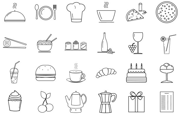 白色背景上的一组线性向量图标，用于咖啡馆、餐厅、酒吧。菜单项目，烧烤，汤，披萨，卷，面条，蛋糕，酒，饮料，甜点。融合菜。网页应用程序图片下载