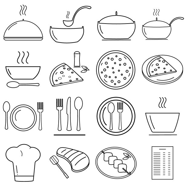 白色背景上的一组线性向量图标，用于咖啡馆-餐厅。菜单项目，烧烤，汤，披萨，烹饪和服务的食物。用于网站页面应用程序图片下载