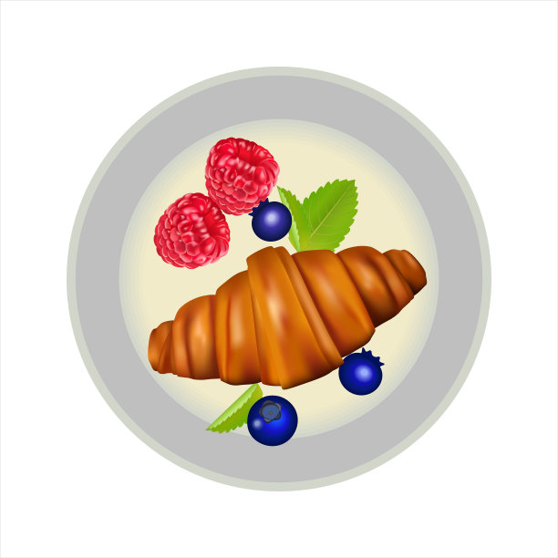 美味，新鲜的牛角面包装饰新鲜浆果在白色的背景。蓝盘子里的羊角面包配上新鲜的覆盆子。法国早餐。向量现实的例证。图片下载