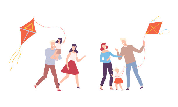 幸福家庭亲子放风筝矢量素材图片下载