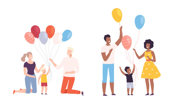 家庭周末与母亲和父亲步行与孩子们拿着一束彩色气球矢量集图片下载
