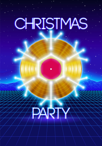 圣诞晚会邀请海报或传单与80年代霓虹灯风格和唱片为dj图片下载