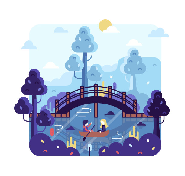 夫妻俩在桥旁的河上划船。相爱的情侣在河上共度时光。矢量卡通插图在平坦的阶梯图片下载