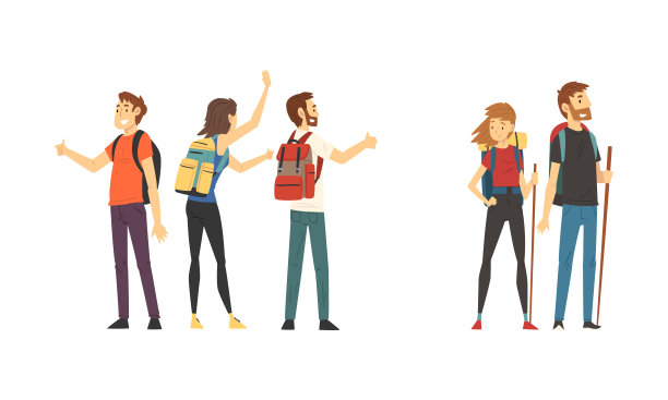 年轻的男人和女人旅行者与背包和手杖搭便车和徒步矢量集图片下载