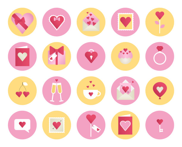 情人节图标集。丰富多彩的节日可爱的图标为情人节的节日。最小设计平面风格矢量插图。粉红色，红色，白色和黄色的配色方案。图片下载