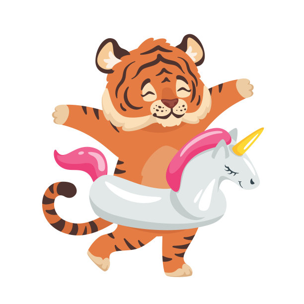 滑稽的老虎在充气的独角兽圈里孤立图片下载
