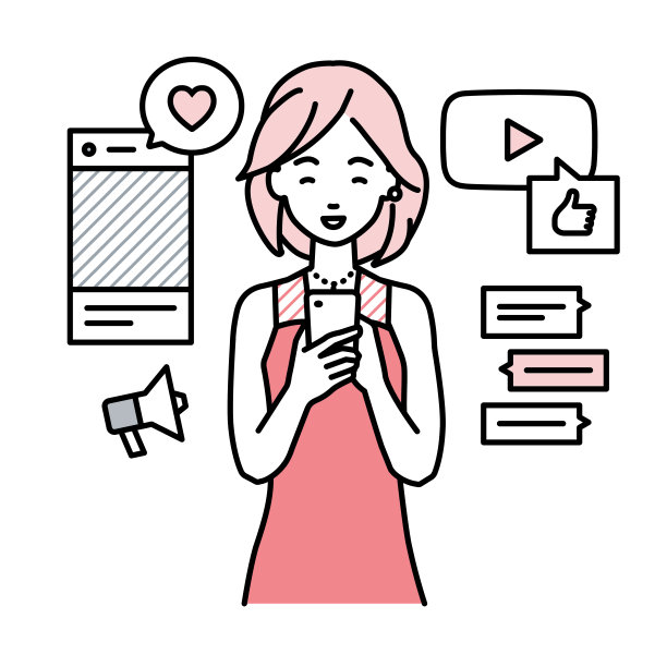 一名身着长裙的女子正站在各种社交网络和聊天工具上，看着手中的智能手机图片下载