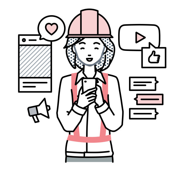 在建设现场工作的一名女性，正在通过各种社交网络和聊天工具进行交流，她站在那里看着手中的智能手机图片下载