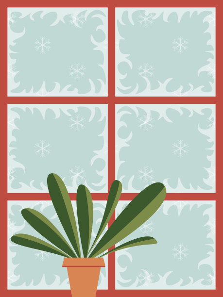 窗户有框架，玻璃上有霜冻图案，窗台上有室内植物图片下载