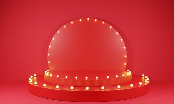 红色的讲台上有霓虹灯在红色的房间里。3 d渲染。图片下载