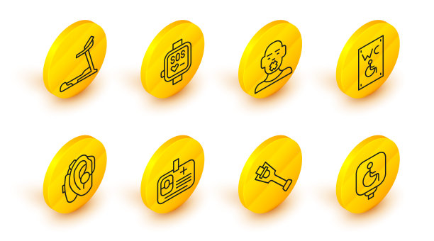 设置残疾人轮椅、假肢、身份标识、助听器、残疾人专用厕所、聋哑头、智能手表、跑步机图标。向量图片下载