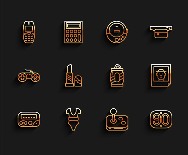 Set line寻呼机，泳衣，旧手机，操纵杆，90年代复古，口红，照片和汽水罐与吸管图标。向量图片下载