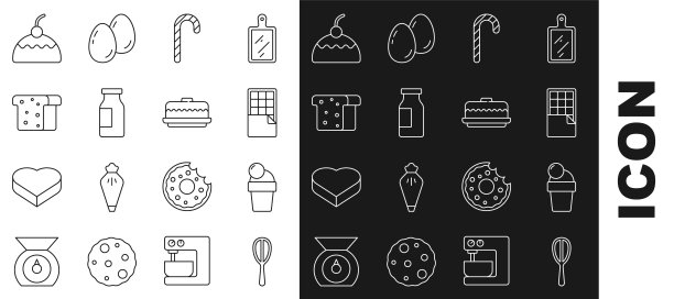 厨房打蛋器，冰淇淋，巧克力棒，圣诞糖果手杖，牛奶瓶，面包吐司，蛋糕和图标。向量图片下载