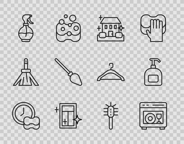 设置线洗碗，洗碗机，家庭清洁服务，清洁窗户，水喷雾瓶，扫帚柄，马桶刷和液体肥皂瓶图标。向量图片下载