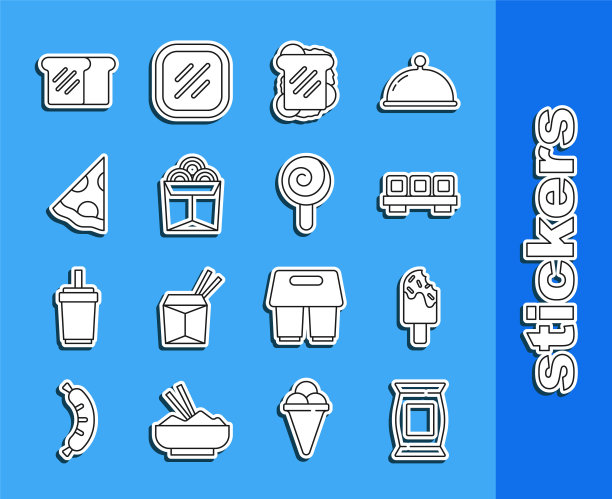 将薯片、冰淇淋、寿司、三明治、面条盒、披萨片、面包、吐司、棒棒糖等包装。向量图片下载