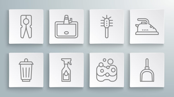 设置线垃圾桶，洗脸盆，清洁喷雾瓶，海绵，簸箕，马桶刷，电熨斗和衣服别针图标。向量图片下载