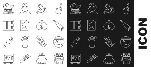 设置线炸药和计时器，强盗，子弹，燃烧的汽车，罐头罐燃料，监狱窗户，汽车盗窃和钱袋图标。向量图片下载