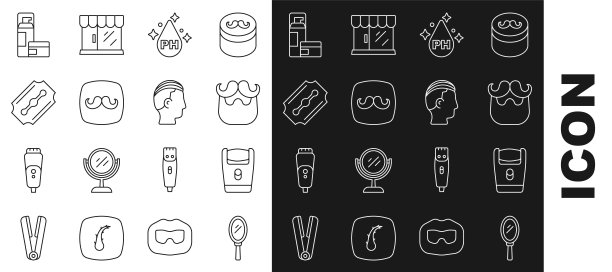 套装线手镜，电动剃须刀片，胡子胡子，头发护理治疗油，理发店，刀片，剃须凝胶泡沫和发型图标。向量图片下载