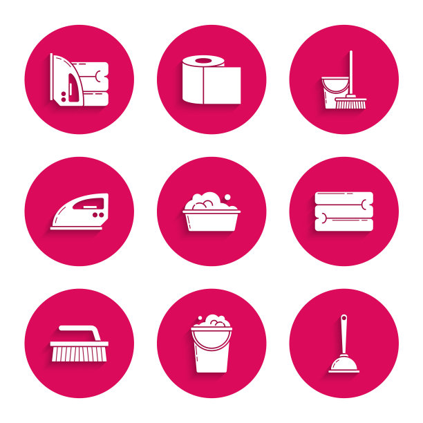 设置塑料盆与肥皂泡沫，桶泡沫和泡沫，马桶柱塞，毛巾堆栈，清洁刷，电熨斗，拖把桶和毛巾图标。向量图片下载
