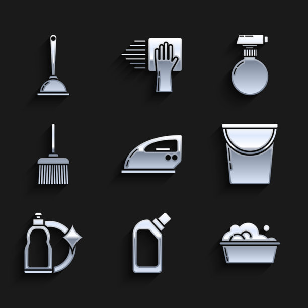 设置电熨斗，液体洗碗液塑料瓶，肥皂泡沫盆，水桶，扫帚柄，和马桶柱塞图标。向量图片下载