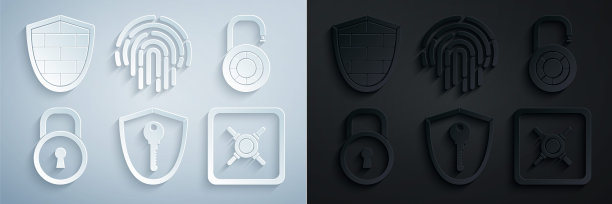 设置屏蔽键，安全组合锁轮，锁，指纹和网络安全砖墙图标。向量图片下载