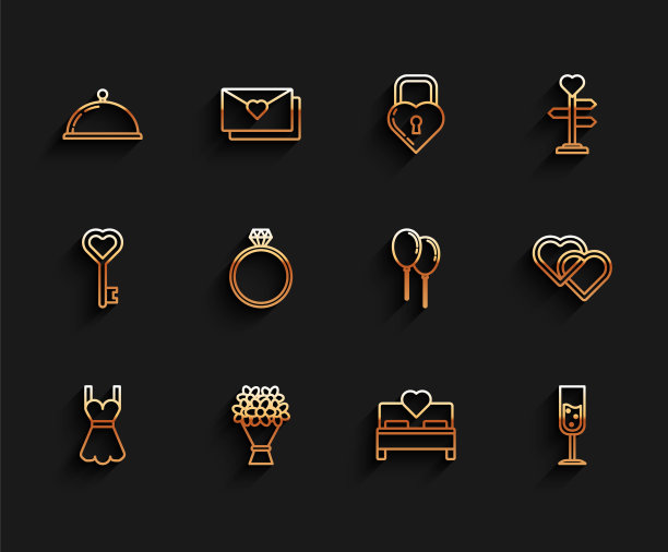 套装女装，花束，覆盖托盘食品，卧室，玻璃香槟，钻石订婚戒指，两颗相连的心和气球丝带图标。向量图片下载