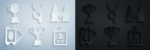 设置奖杯，望远镜，美式足球门票，VIP徽章，哨子和足球图标。向量图片下载