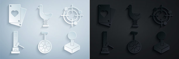 设置独轮车或单轮自行车，射击比赛的目标运动，大锤高射手吸引力，操纵杆街机，骑小鸭子和扑克牌图标。向量图片下载