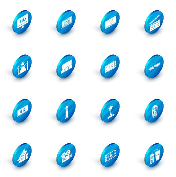 设置购买电影票在线，在线播放视频，电影拍板，地毯与障碍和明星，3D眼镜和4k电影，磁带，框架图标。向量图片下载