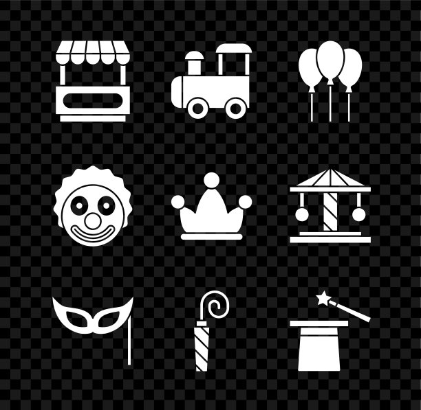 设置快餐车，玩具火车，带丝带的气球，节日面具，生日派对号角，魔术帽和魔杖，小丑头和小丑铃铛图标。向量图片下载