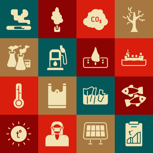 设置全球变暖，死鱼，油轮，二氧化碳排放云，汽油或加油站，工厂烟雾，香烟和森林砍伐图标。向量图片下载
