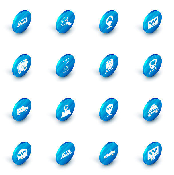 设置放大镜和出租车，位置与，笔记本电脑呼叫服务，巴士，汽车，城市地图导航，高速列车和火车图标。向量图片下载