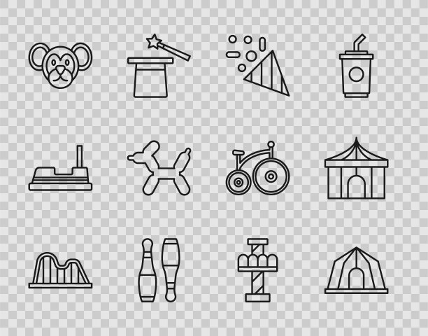 设置线过山车，马戏团帐篷，节日彩纸，保龄球瓶，猴子，气球狗，吸引旋转木马和图标。向量图片下载
