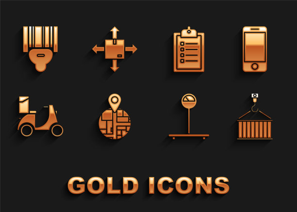 集，手机app送货跟踪，集装箱起重机，秤，滑板车，验证列表剪贴板，扫描仪扫描条形码和纸板盒交通符号图标。向量图片下载