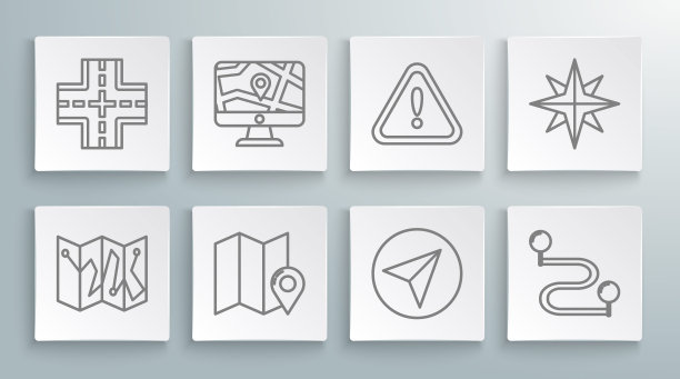 设置线折叠地图与位置标记，监视器和折叠，纸飞机，路线，惊叹号在三角形，风玫瑰和道路交通标志图标。向量图片下载