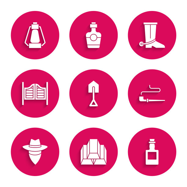 设置铁锹，金条，龙舌兰酒瓶，烟斗，牛仔，沙龙门，靴子和野营灯的图标。向量图片下载