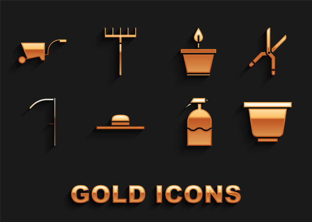 设置工人帽，园艺手工剪刀，花盆，喷雾器，镰刀，植物，独轮手推车和耙子图标。向量图片下载