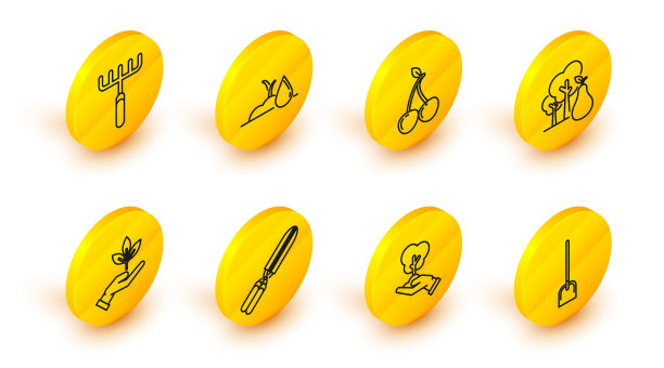 设置线铲，树在手环保，园艺手工剪子修剪，植物，梨子，樱桃，浇水芽和耙图标。向量图片下载