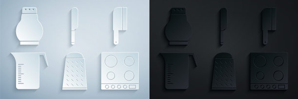 设置磨碎器，剁肉器，量杯，煤气炉，刀和盐和胡椒图标。向量图片下载