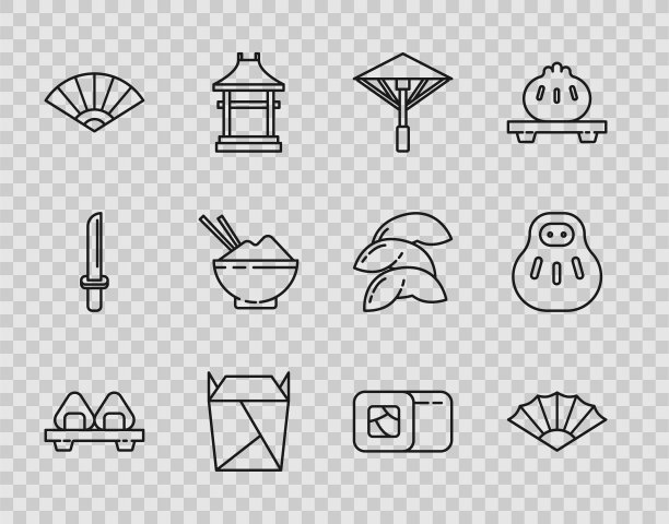 寿司放在砧板上，日本伞从阳光下，餐厅打开取出盒子装满，饭碗里有筷子，还有万里猫的图标。向量图片下载