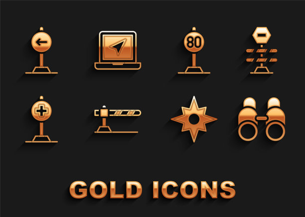 设置停车障碍，道路，望远镜，风上升，位置与交叉医院，限速交通，交通标志左转和笔记本电脑位置标志图标。向量图片下载